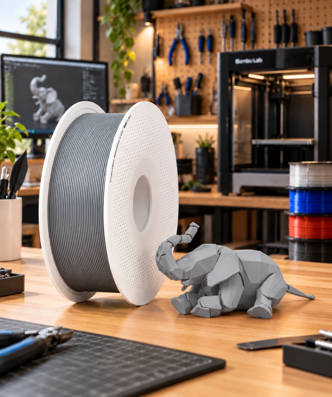 Grijze PLA-filamentrol met een geprinte olifant in een werkplaats